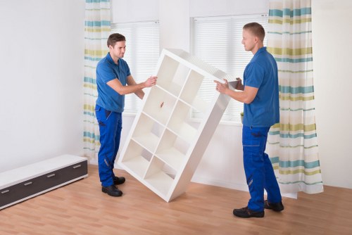 Removalists carrying household items through a Shepherds Bush property